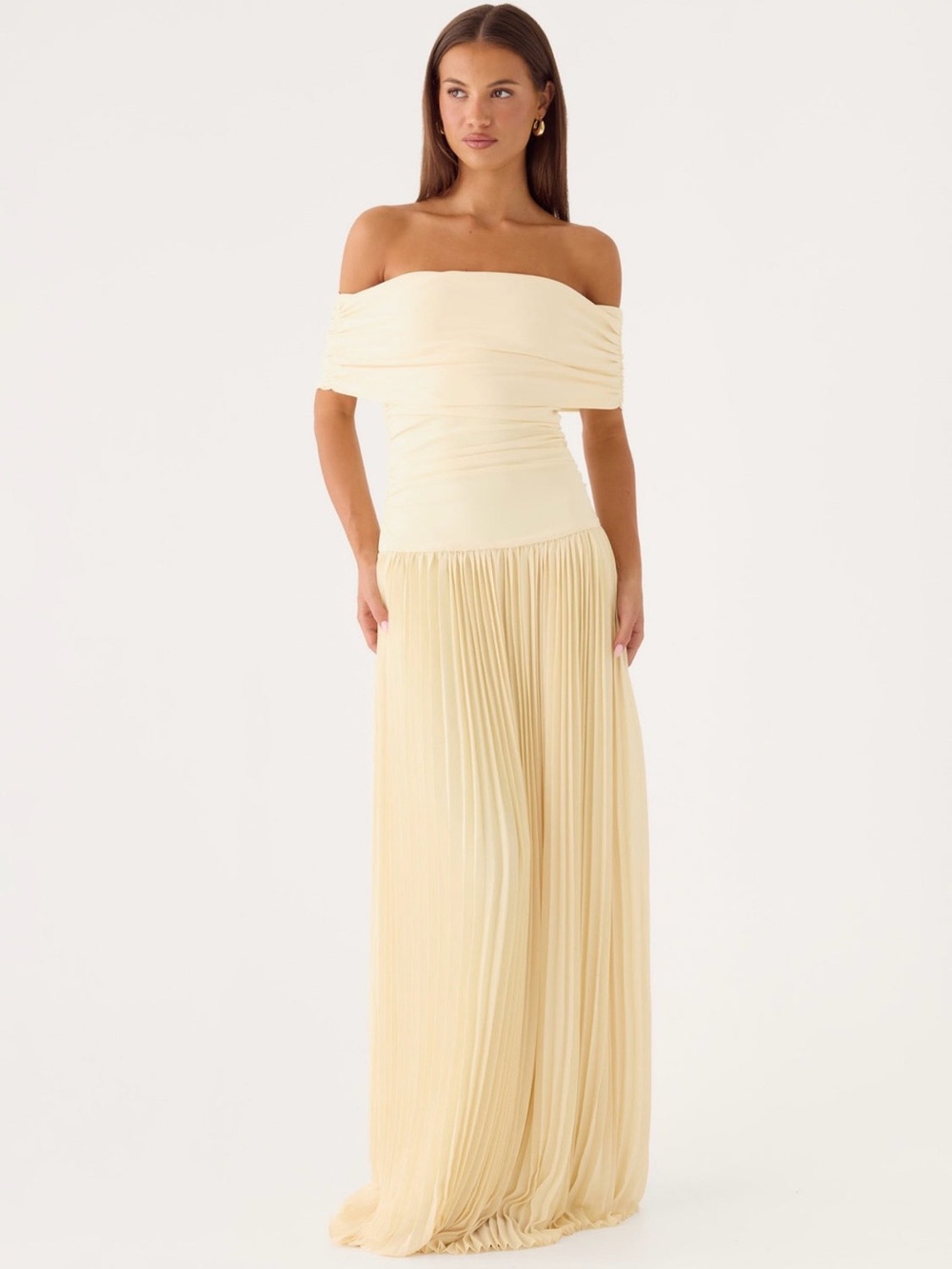 Peppermayo Off-Shoulder Pleated Maxi Dress in Pale Yellow